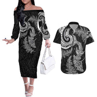 New Zealand Sea Animals with Maori Tribal Tattoo Couples Matching Off The Shoulder Long Sleeve Dress and Hawaiian Shirt Shark Manta Ray with Silver Fern Black LT03 Black - Polynesian Pride
