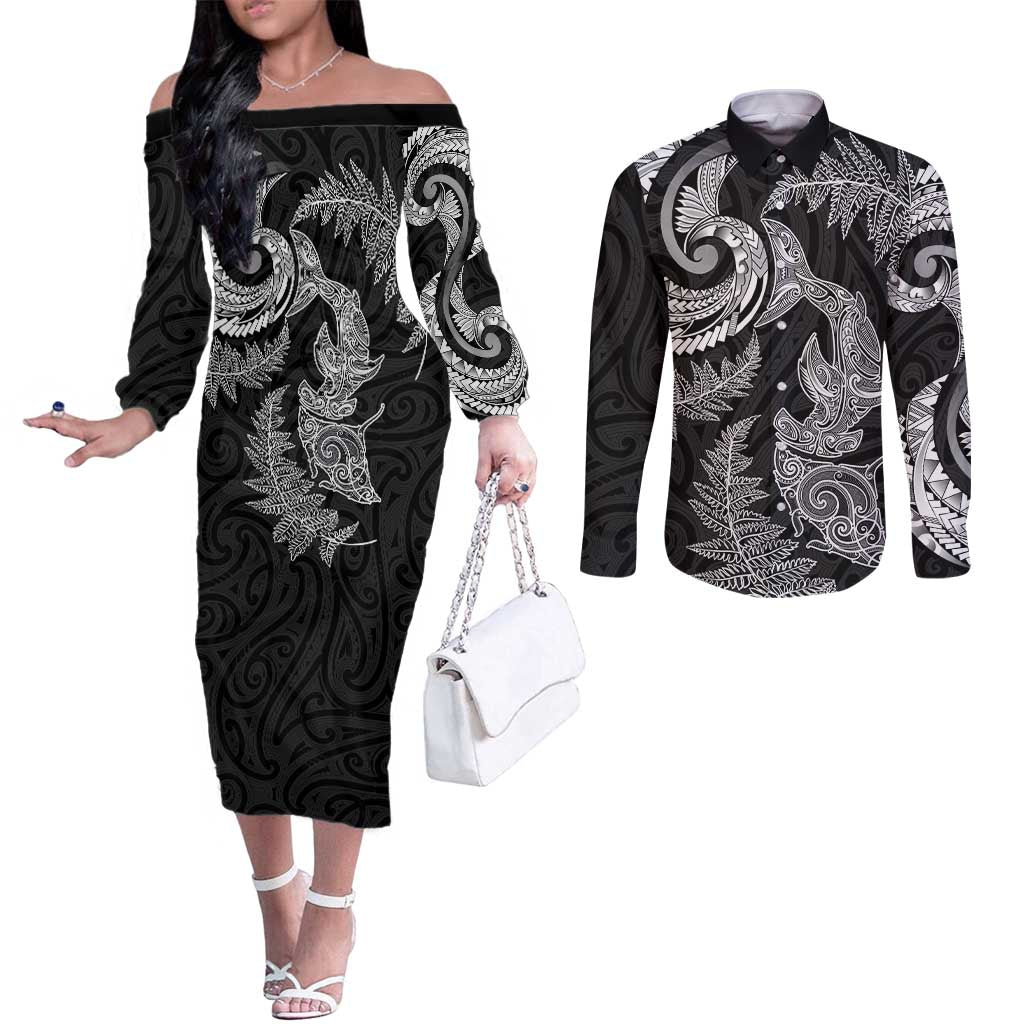 New Zealand Sea Animals with Maori Tribal Tattoo Couples Matching Off The Shoulder Long Sleeve Dress and Long Sleeve Button Shirt Shark Manta Ray with Silver Fern Black