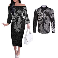 New Zealand Sea Animals with Maori Tribal Tattoo Couples Matching Off The Shoulder Long Sleeve Dress and Long Sleeve Button Shirt Shark Manta Ray with Silver Fern Black