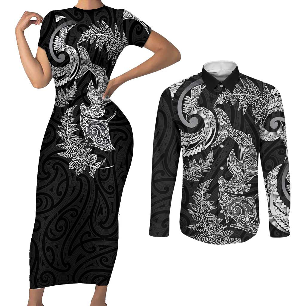 New Zealand Sea Animals with Maori Tribal Tattoo Couples Matching Short Sleeve Bodycon Dress and Long Sleeve Button Shirt Shark Manta Ray with Silver Fern Black