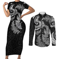 New Zealand Sea Animals with Maori Tribal Tattoo Couples Matching Short Sleeve Bodycon Dress and Long Sleeve Button Shirt Shark Manta Ray with Silver Fern Black