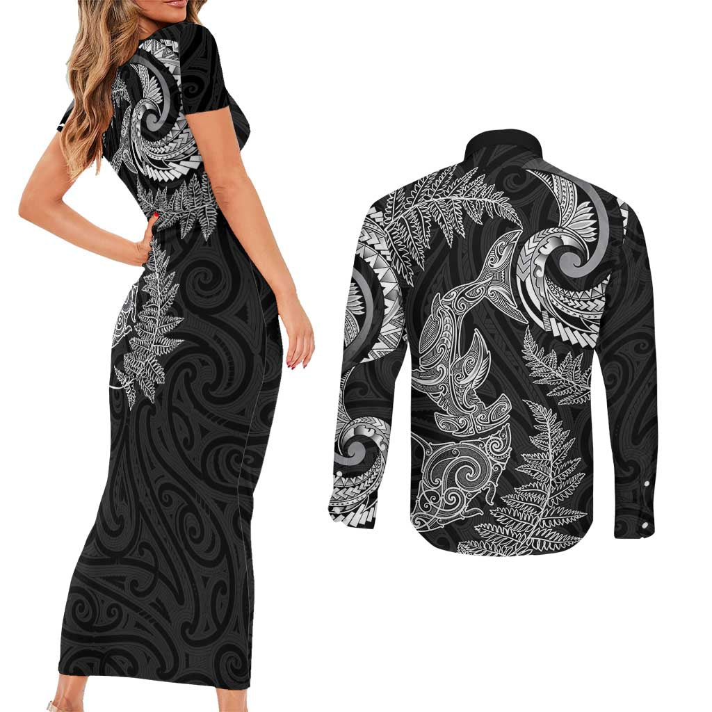 New Zealand Sea Animals with Maori Tribal Tattoo Couples Matching Short Sleeve Bodycon Dress and Long Sleeve Button Shirt Shark Manta Ray with Silver Fern Black