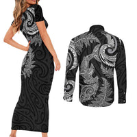 New Zealand Sea Animals with Maori Tribal Tattoo Couples Matching Short Sleeve Bodycon Dress and Long Sleeve Button Shirt Shark Manta Ray with Silver Fern Black
