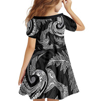 New Zealand Sea Animals with Maori Tribal Tattoo Family Matching Long Sleeve Bodycon Dress and Hawaiian Shirt Shark Manta Ray with Silver Fern Black