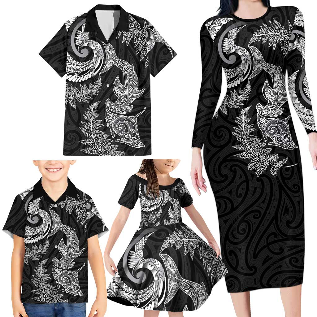 New Zealand Sea Animals with Maori Tribal Tattoo Family Matching Long Sleeve Bodycon Dress and Hawaiian Shirt Shark Manta Ray with Silver Fern Black