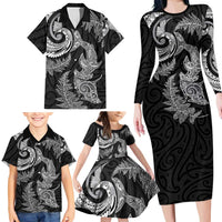 New Zealand Sea Animals with Maori Tribal Tattoo Family Matching Long Sleeve Bodycon Dress and Hawaiian Shirt Shark Manta Ray with Silver Fern Black