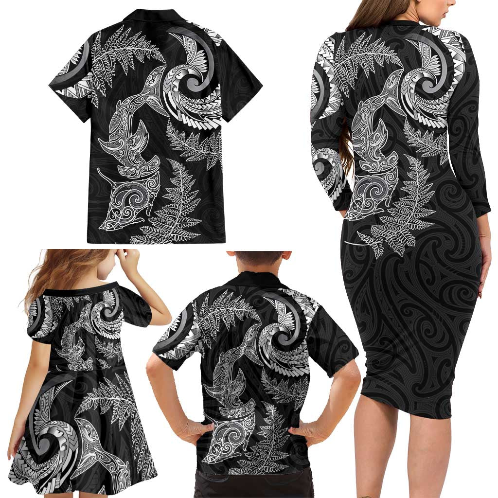 New Zealand Sea Animals with Maori Tribal Tattoo Family Matching Long Sleeve Bodycon Dress and Hawaiian Shirt Shark Manta Ray with Silver Fern Black