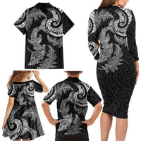 New Zealand Sea Animals with Maori Tribal Tattoo Family Matching Long Sleeve Bodycon Dress and Hawaiian Shirt Shark Manta Ray with Silver Fern Black