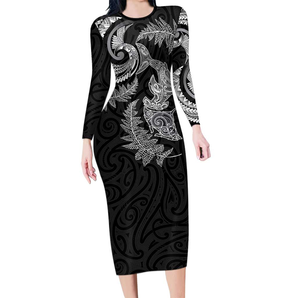 New Zealand Sea Animals with Maori Tribal Tattoo Family Matching Long Sleeve Bodycon Dress and Hawaiian Shirt Shark Manta Ray with Silver Fern Black