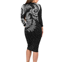 New Zealand Sea Animals with Maori Tribal Tattoo Family Matching Long Sleeve Bodycon Dress and Hawaiian Shirt Shark Manta Ray with Silver Fern Black
