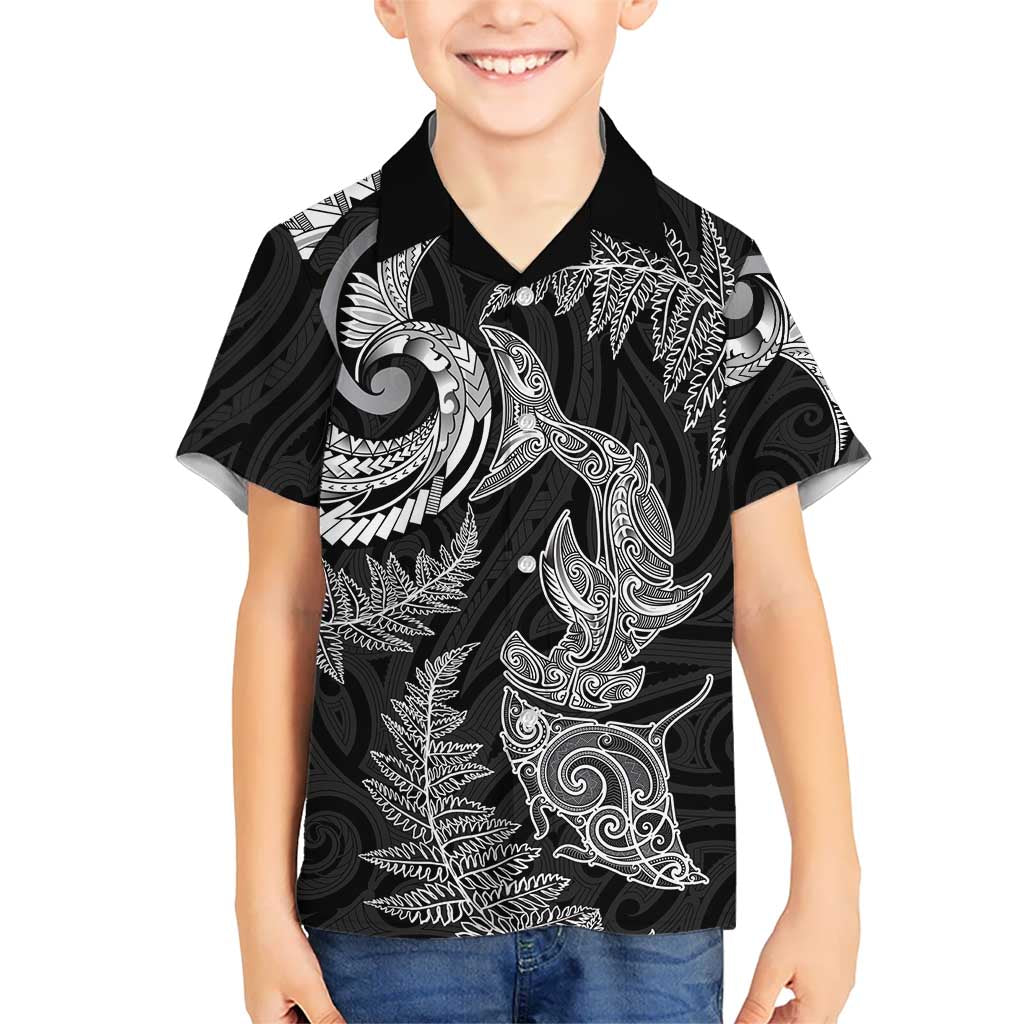 New Zealand Sea Animals with Maori Tribal Tattoo Family Matching Long Sleeve Bodycon Dress and Hawaiian Shirt Shark Manta Ray with Silver Fern Black