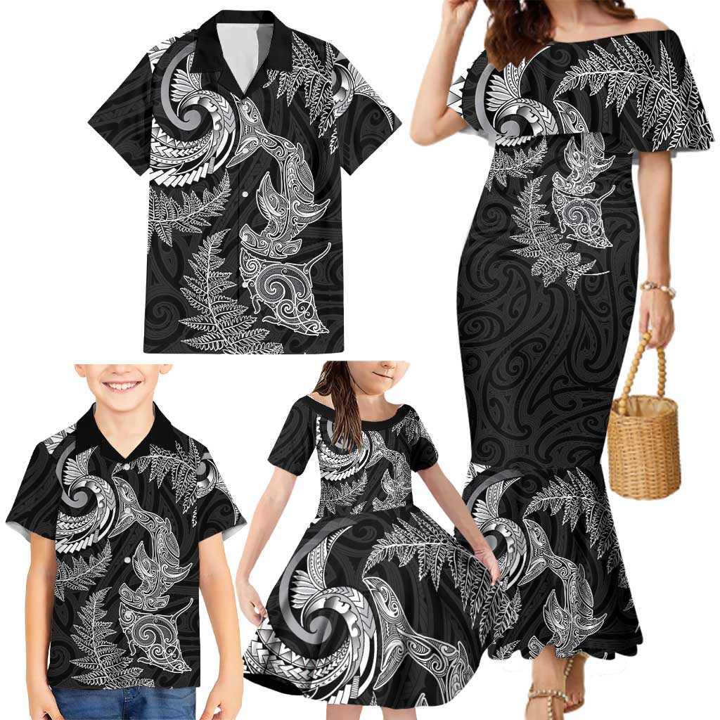 New Zealand Sea Animals with Maori Tribal Tattoo Family Matching Mermaid Dress and Hawaiian Shirt Shark Manta Ray with Silver Fern Black