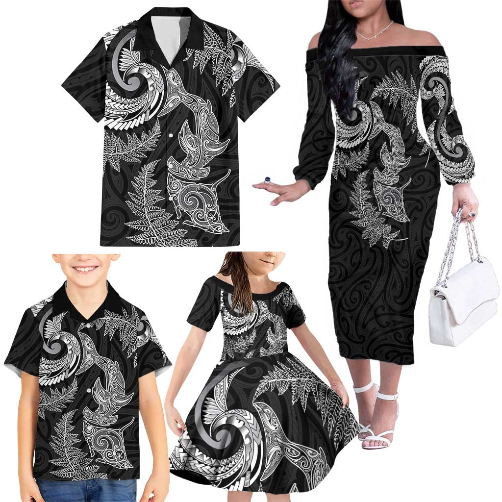 New Zealand Sea Animals with Maori Tribal Tattoo Family Matching Off The Shoulder Long Sleeve Dress and Hawaiian Shirt Shark Manta Ray with Silver Fern Black