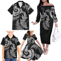 New Zealand Sea Animals with Maori Tribal Tattoo Family Matching Off The Shoulder Long Sleeve Dress and Hawaiian Shirt Shark Manta Ray with Silver Fern Black