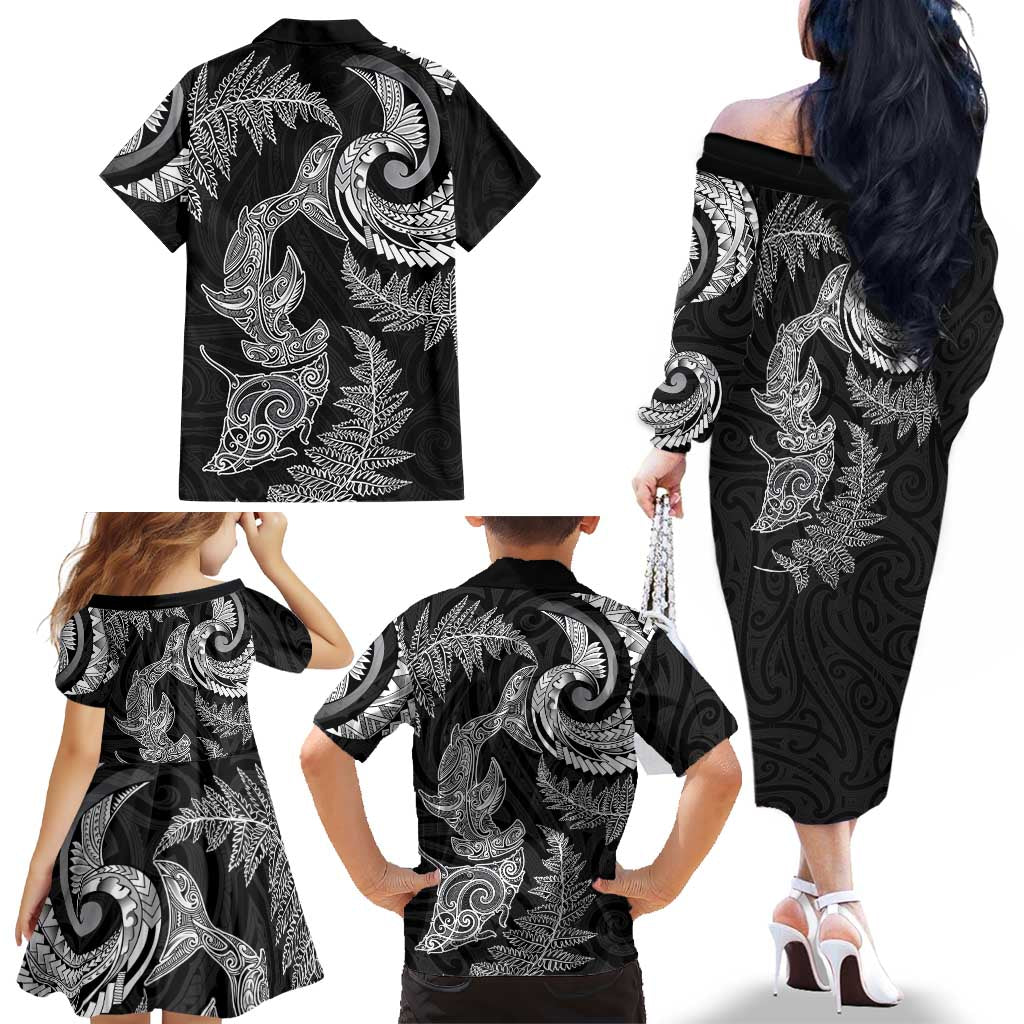 New Zealand Sea Animals with Maori Tribal Tattoo Family Matching Off The Shoulder Long Sleeve Dress and Hawaiian Shirt Shark Manta Ray with Silver Fern Black