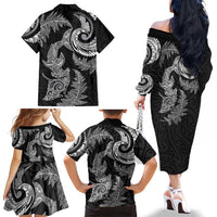 New Zealand Sea Animals with Maori Tribal Tattoo Family Matching Off The Shoulder Long Sleeve Dress and Hawaiian Shirt Shark Manta Ray with Silver Fern Black