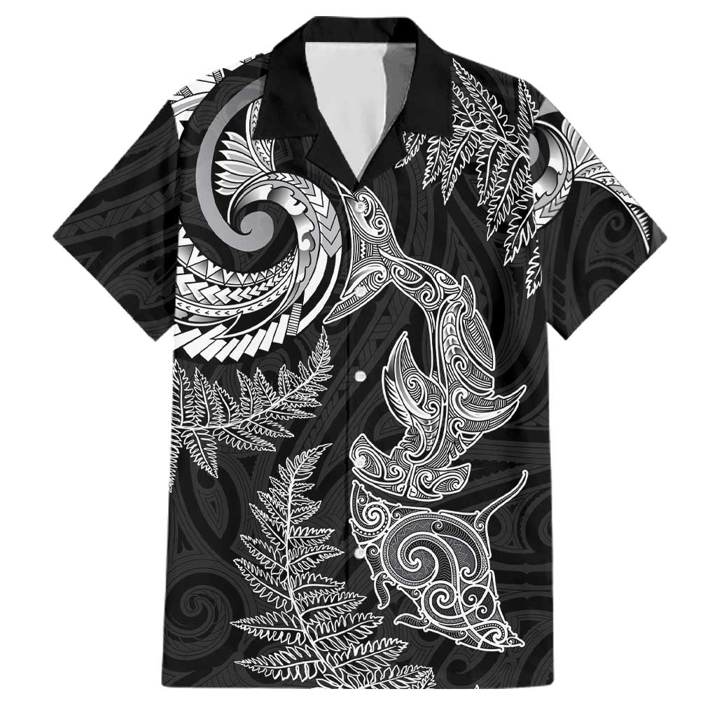 New Zealand Sea Animals with Maori Tribal Tattoo Family Matching Off The Shoulder Long Sleeve Dress and Hawaiian Shirt Shark Manta Ray with Silver Fern Black