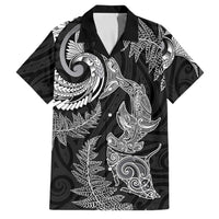 New Zealand Sea Animals with Maori Tribal Tattoo Family Matching Off The Shoulder Long Sleeve Dress and Hawaiian Shirt Shark Manta Ray with Silver Fern Black