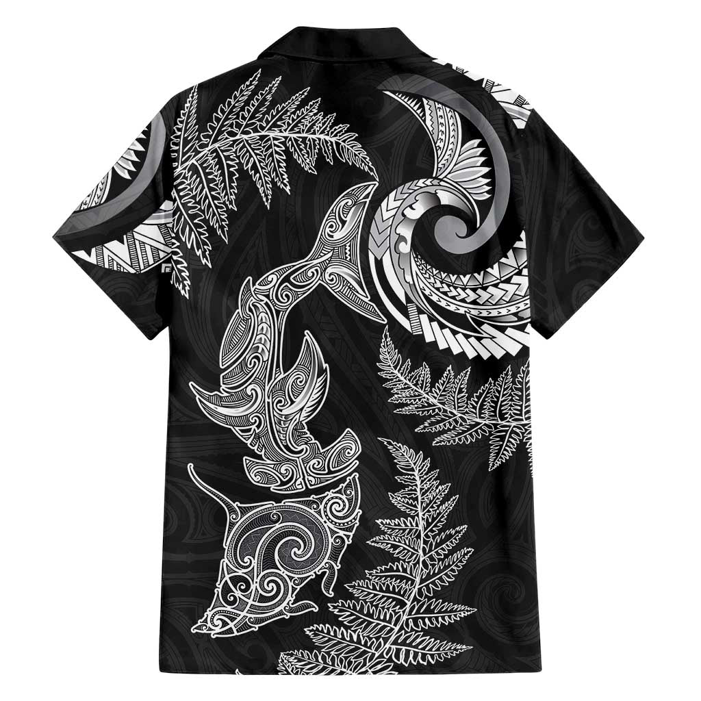 New Zealand Sea Animals with Maori Tribal Tattoo Family Matching Off The Shoulder Long Sleeve Dress and Hawaiian Shirt Shark Manta Ray with Silver Fern Black
