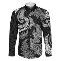 New Zealand Sea Animals with Maori Tribal Tattoo Family Matching Off The Shoulder Long Sleeve Dress and Hawaiian Shirt Shark Manta Ray with Silver Fern Black