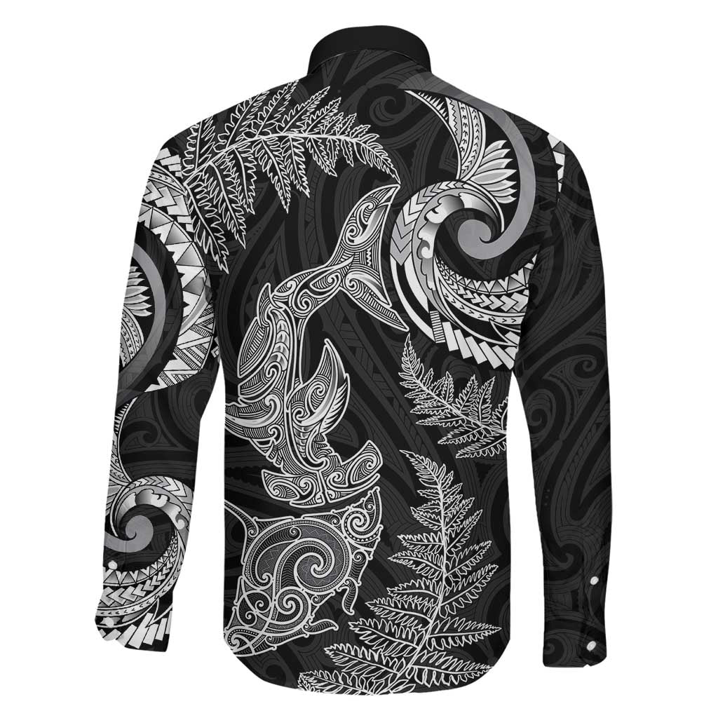 New Zealand Sea Animals with Maori Tribal Tattoo Family Matching Off The Shoulder Long Sleeve Dress and Hawaiian Shirt Shark Manta Ray with Silver Fern Black