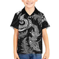 New Zealand Sea Animals with Maori Tribal Tattoo Family Matching Off The Shoulder Long Sleeve Dress and Hawaiian Shirt Shark Manta Ray with Silver Fern Black