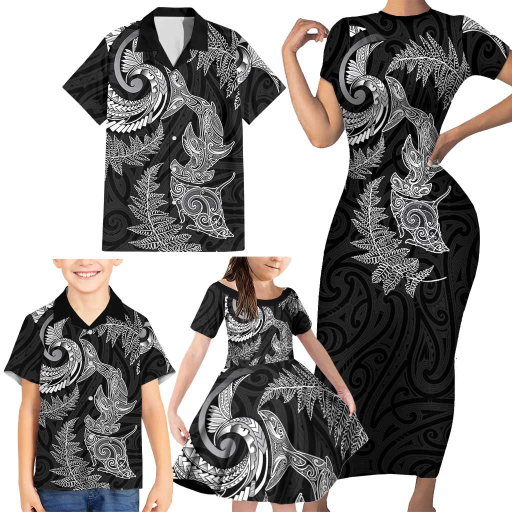 New Zealand Sea Animals with Maori Tribal Tattoo Family Matching Short Sleeve Bodycon Dress and Hawaiian Shirt Shark Manta Ray with Silver Fern Black