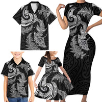 New Zealand Sea Animals with Maori Tribal Tattoo Family Matching Short Sleeve Bodycon Dress and Hawaiian Shirt Shark Manta Ray with Silver Fern Black