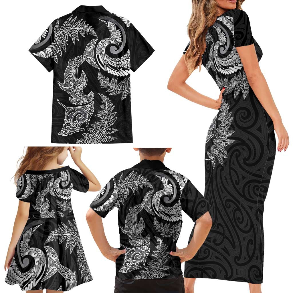 New Zealand Sea Animals with Maori Tribal Tattoo Family Matching Short Sleeve Bodycon Dress and Hawaiian Shirt Shark Manta Ray with Silver Fern Black