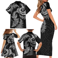 New Zealand Sea Animals with Maori Tribal Tattoo Family Matching Short Sleeve Bodycon Dress and Hawaiian Shirt Shark Manta Ray with Silver Fern Black