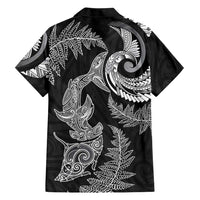 New Zealand Sea Animals with Maori Tribal Tattoo Family Matching Short Sleeve Bodycon Dress and Hawaiian Shirt Shark Manta Ray with Silver Fern Black
