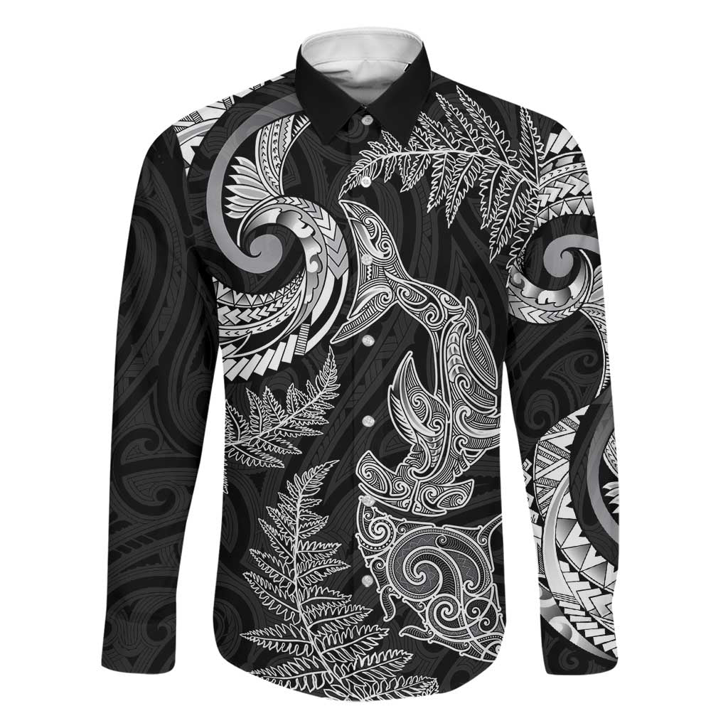 New Zealand Sea Animals with Maori Tribal Tattoo Family Matching Short Sleeve Bodycon Dress and Hawaiian Shirt Shark Manta Ray with Silver Fern Black