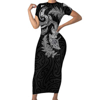 New Zealand Sea Animals with Maori Tribal Tattoo Family Matching Short Sleeve Bodycon Dress and Hawaiian Shirt Shark Manta Ray with Silver Fern Black