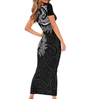 New Zealand Sea Animals with Maori Tribal Tattoo Family Matching Short Sleeve Bodycon Dress and Hawaiian Shirt Shark Manta Ray with Silver Fern Black