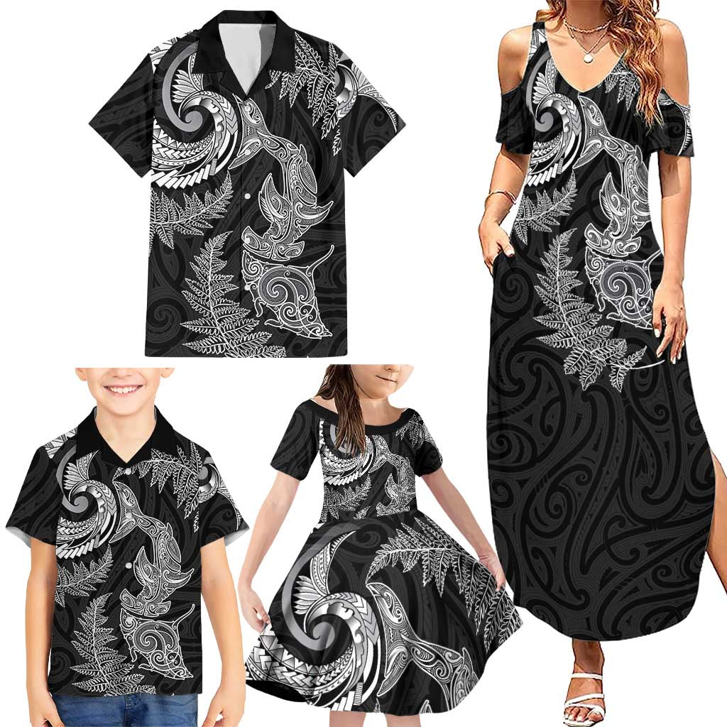 New Zealand Sea Animals with Maori Tribal Tattoo Family Matching Summer Maxi Dress and Hawaiian Shirt Shark Manta Ray with Silver Fern Black