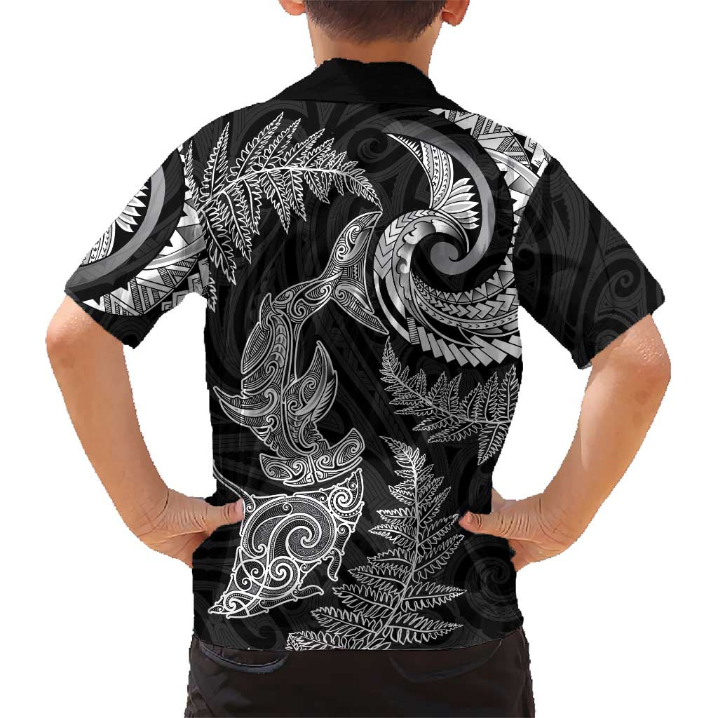 New Zealand Sea Animals with Maori Tribal Tattoo Family Matching Tank Maxi Dress and Hawaiian Shirt Shark Manta Ray with Silver Fern Black