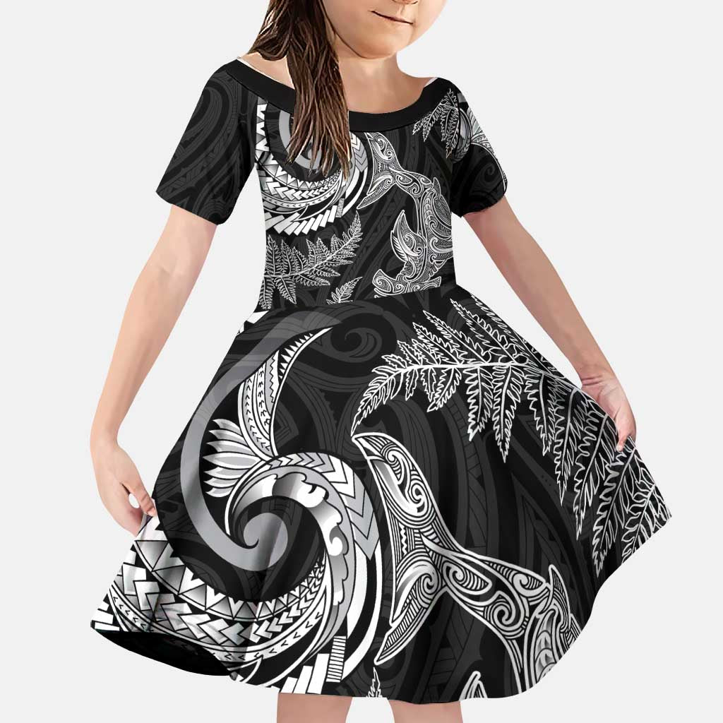 New Zealand Sea Animals with Maori Tribal Tattoo Family Matching Tank Maxi Dress and Hawaiian Shirt Shark Manta Ray with Silver Fern Black