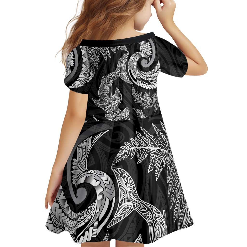 New Zealand Sea Animals with Maori Tribal Tattoo Family Matching Tank Maxi Dress and Hawaiian Shirt Shark Manta Ray with Silver Fern Black