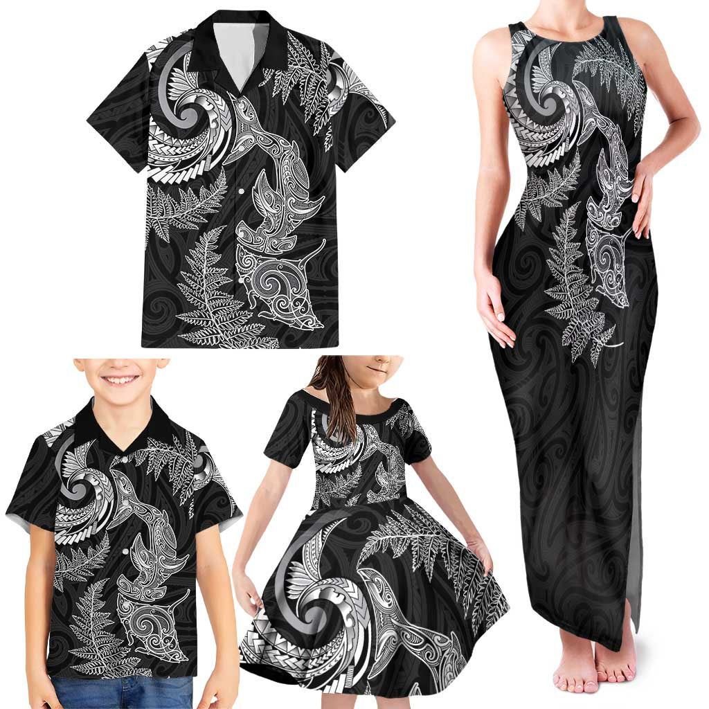 New Zealand Sea Animals with Maori Tribal Tattoo Family Matching Tank Maxi Dress and Hawaiian Shirt Shark Manta Ray with Silver Fern Black