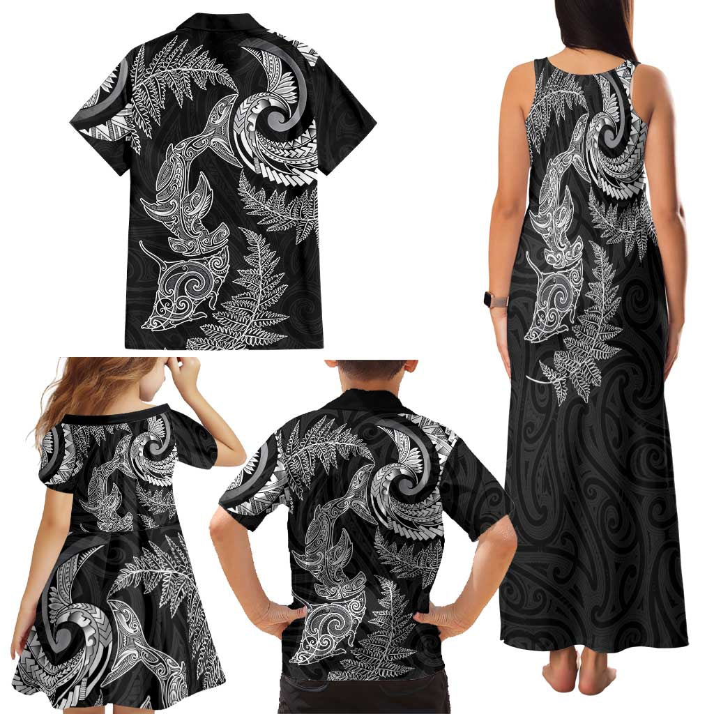 New Zealand Sea Animals with Maori Tribal Tattoo Family Matching Tank Maxi Dress and Hawaiian Shirt Shark Manta Ray with Silver Fern Black