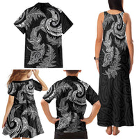 New Zealand Sea Animals with Maori Tribal Tattoo Family Matching Tank Maxi Dress and Hawaiian Shirt Shark Manta Ray with Silver Fern Black