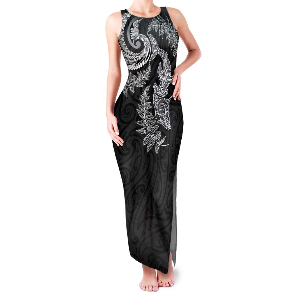New Zealand Sea Animals with Maori Tribal Tattoo Family Matching Tank Maxi Dress and Hawaiian Shirt Shark Manta Ray with Silver Fern Black