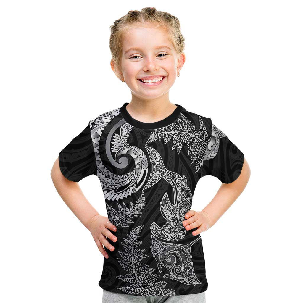 New Zealand Sea Animals with Maori Tribal Tattoo Kid T Shirt Shark Manta Ray with Silver Fern Black