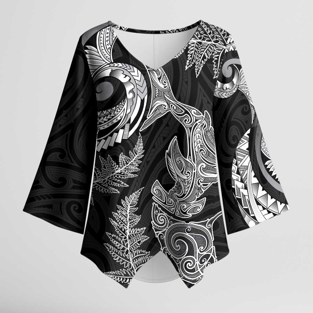 New Zealand Sea Animals with Maori Tribal Tattoo Kimono Sleeve Blouse Shark Manta Ray with Silver Fern Black