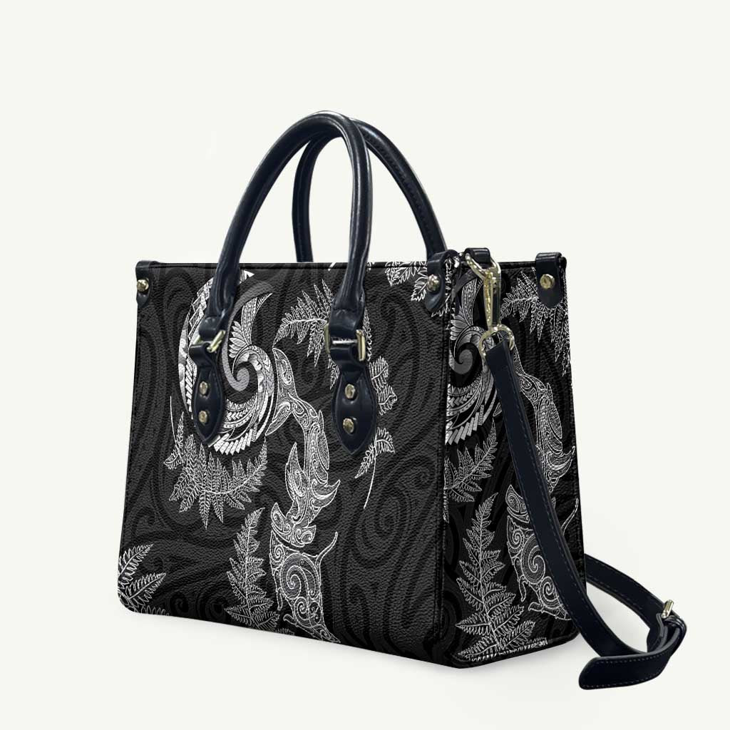 New Zealand Sea Animals with Maori Tribal Tattoo Leather Bag Shark Manta Ray with Silver Fern Black