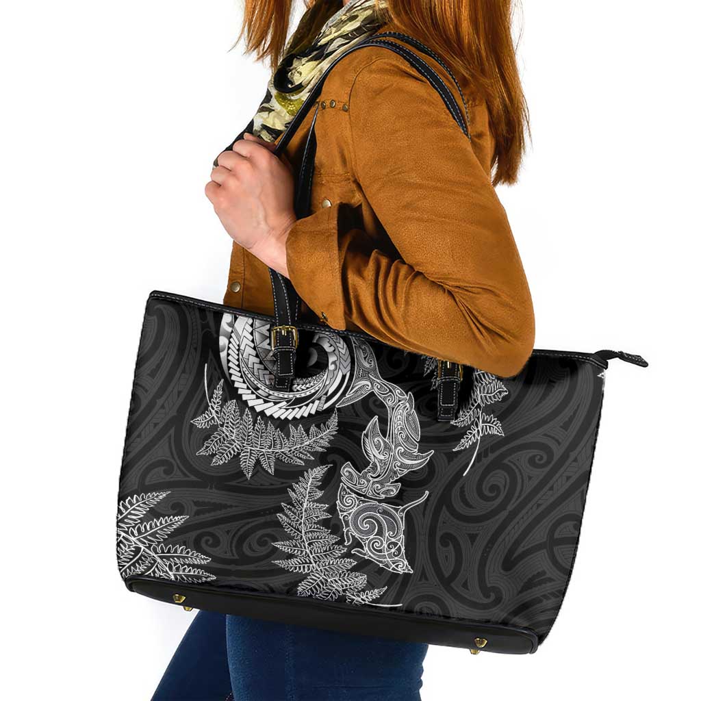 New Zealand Sea Animals with Maori Tribal Tattoo Leather Tote Bag Shark Manta Ray with Silver Fern Black