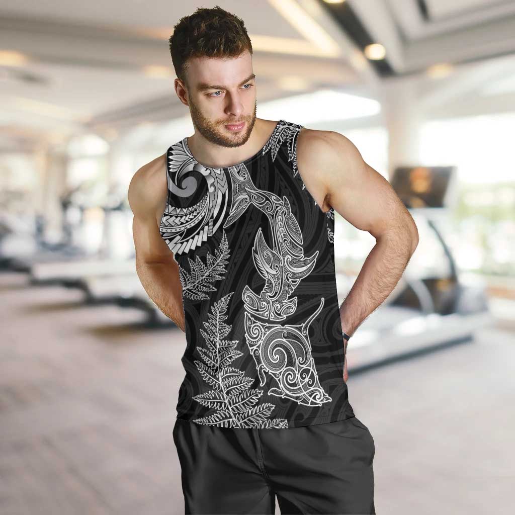 New Zealand Sea Animals with Maori Tribal Tattoo Men Tank Top Shark Manta Ray with Silver Fern Black