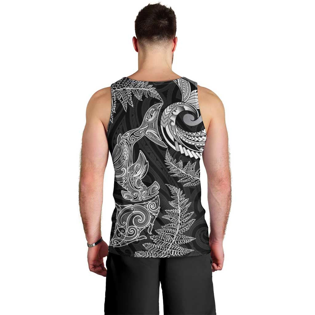 New Zealand Sea Animals with Maori Tribal Tattoo Men Tank Top Shark Manta Ray with Silver Fern Black