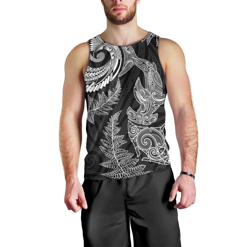 New Zealand Sea Animals with Maori Tribal Tattoo Men Tank Top Shark Manta Ray with Silver Fern Black