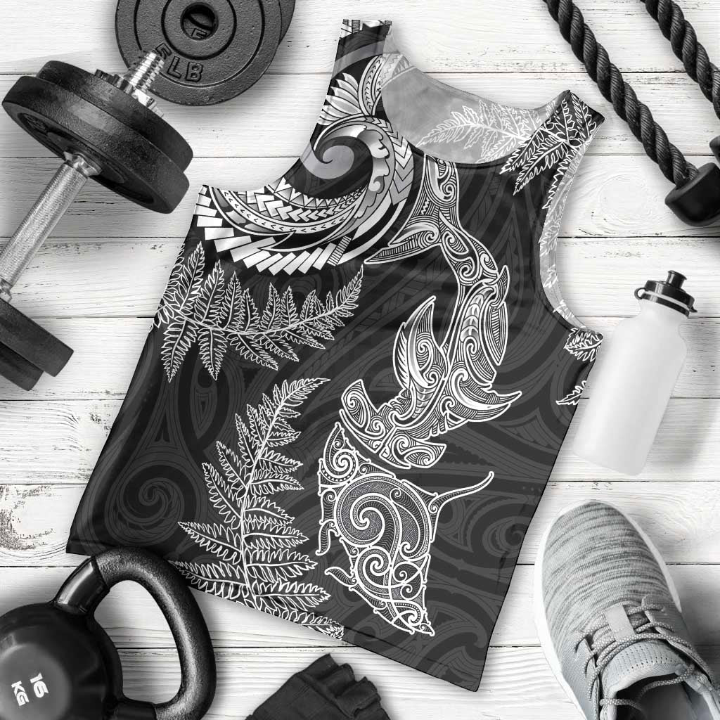 New Zealand Sea Animals with Maori Tribal Tattoo Men Tank Top Shark Manta Ray with Silver Fern Black